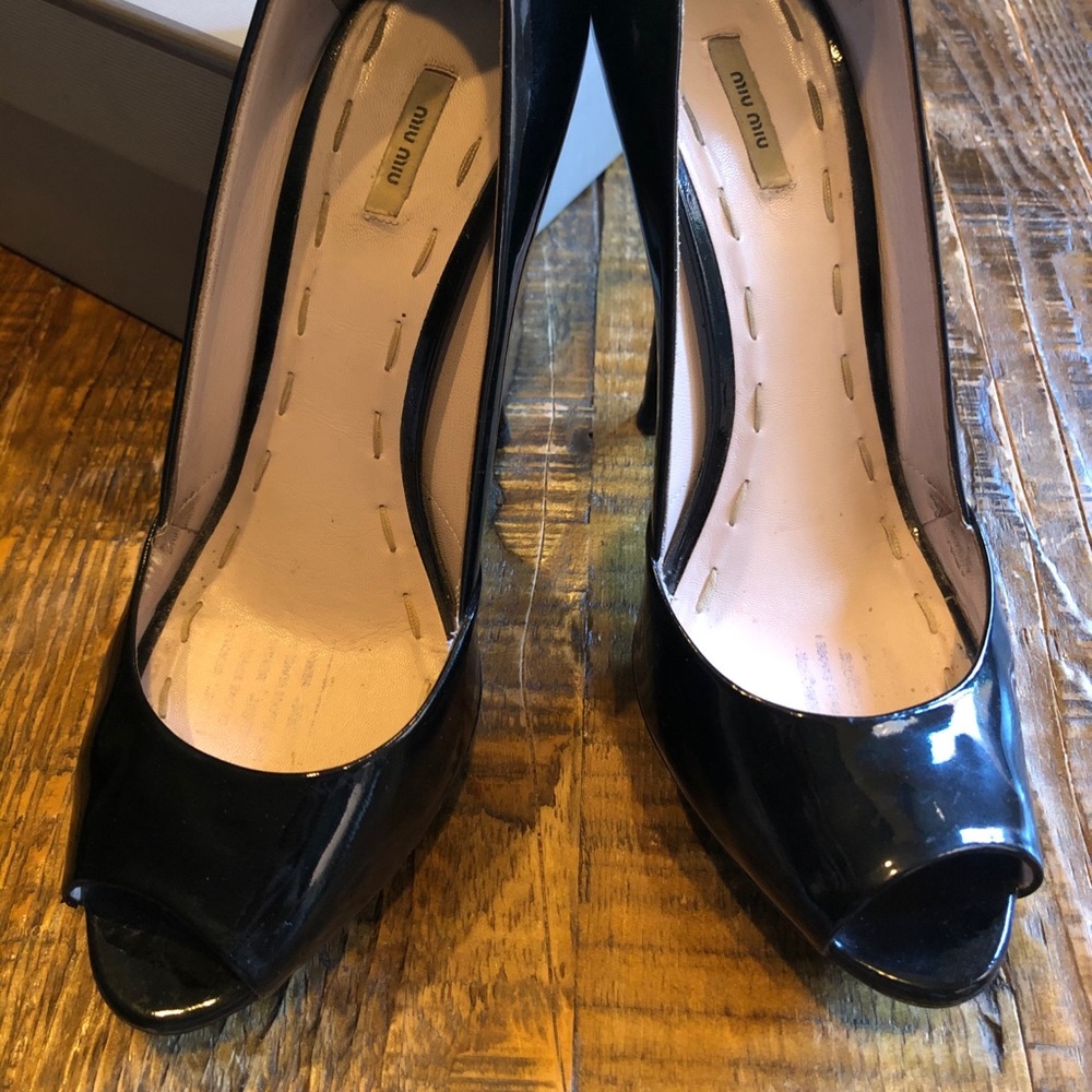 SALE! Miu Miu Black peep toe patten leather pump